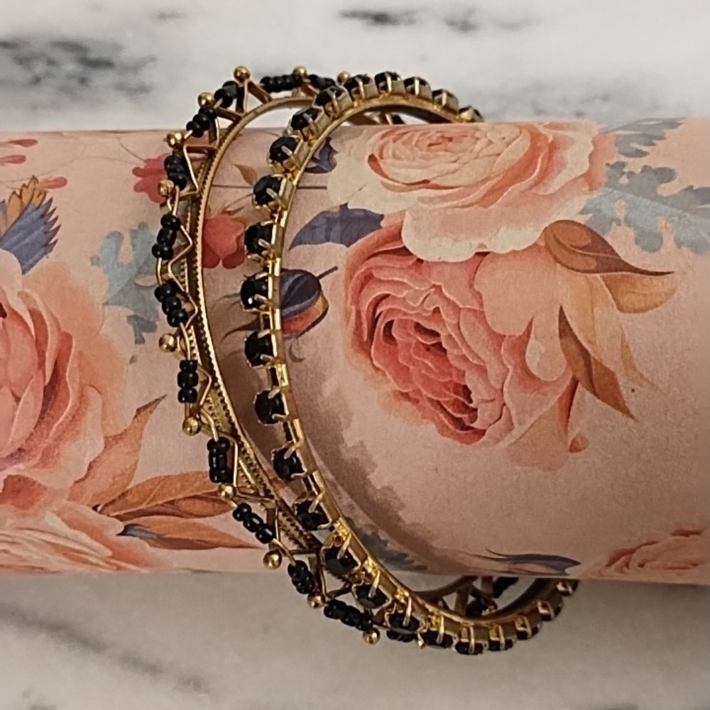 Vintage Gold & Black Bangle Bracelets Beads & Faceted Stones 4 Prong Setting.